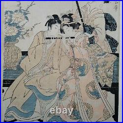 Japanese woodblock print of Eizan Kikugawa. Two geisha and a lover