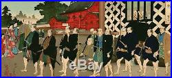 Japanese woodblock triptych print-Samurai Procession, Chikanobu