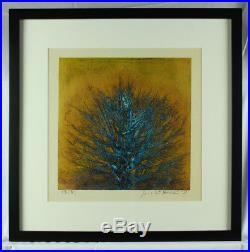 Joichi Hoshi / Japanese Woodblock Tree Print in blue / 1973