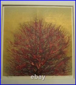 Joichi Hoshi Japanese Woodblock print Red Tree with Gold background