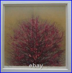 Joichi Hoshi Japanese Woodblock print Red Tree with Gold background