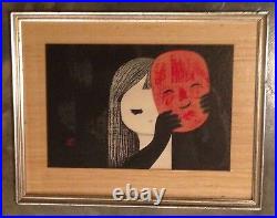 KAORU KAWANO ORIGINAL Signed Red Sealed Girl with Mask Japanese Woodblock Print