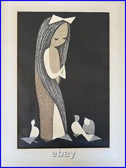 KAORU KAWANO Woodblock Print Doves Bird Girl Signed Art Japan Mid Century