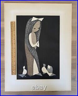 KAORU KAWANO Woodblock Print Doves Bird Girl Signed Art Japan Mid Century