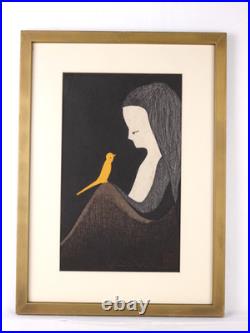 KAORU KAWANO Woodblock Print Girl and Yellow Bird Signed KAORU KAWANO Woodblock