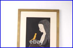 KAORU KAWANO Woodblock Print Girl and Yellow Bird Signed KAORU KAWANO Woodblock