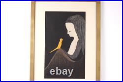 KAORU KAWANO Woodblock Print Girl and Yellow Bird Signed KAORU KAWANO Woodblock