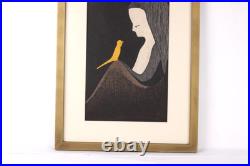 KAORU KAWANO Woodblock Print Girl and Yellow Bird Signed KAORU KAWANO Woodblock