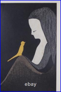 KAORU KAWANO Woodblock Print Girl and Yellow Bird Signed KAORU KAWANO Woodblock