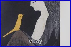 KAORU KAWANO Woodblock Print Girl and Yellow Bird Signed KAORU KAWANO Woodblock