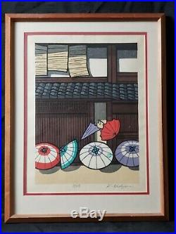 KATSUYUKI NISHIJIMA Signed Framed Original Japanese Wood Block Print Umbrellas