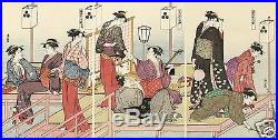 KIYONAGA JAPANESE Triptych Woodblock Print Cooling Off in the Evening on River