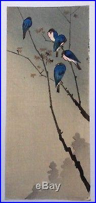 KOSON OHARA (1877-1945), Japanese Woodblock Print, Blue Birds, 1930