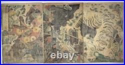KUNITERU Japanese Woodblock Print Ukiyo-e Edo Triptych Samurai Tiger Battle