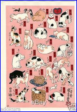 KUNIYOSHI JAPANESE Triptych Woodblock Print 53 CATS of TOKAIDO CAT