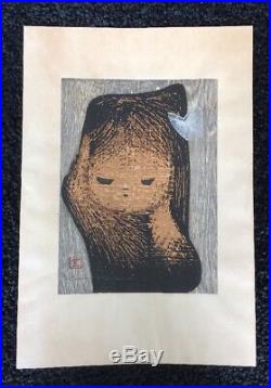 Kaoru Kawano Child and Butterfly Woodblock Print