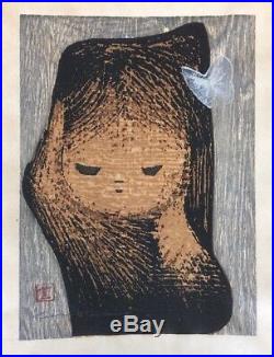 Kaoru Kawano Child and Butterfly Woodblock Print