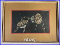 Kaoru Kawano Japanese Woodblock Print Quiet Rain Lotus Pods Signed Framed