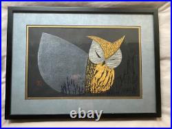 Kaoru Kawano MOONLIGHT NIGHT Owl Vintage MCM 1950s Woodblock Print Framed