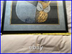 Kaoru Kawano MOONLIGHT NIGHT Owl Vintage MCM 1950s Woodblock Print Framed