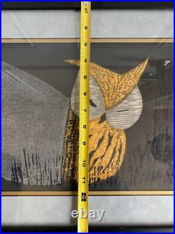 Kaoru Kawano MOONLIGHT NIGHT Owl Vintage MCM 1950s Woodblock Print Framed