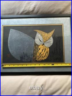 Kaoru Kawano MOONLIGHT NIGHT Owl Vintage MCM 1950s Woodblock Print Framed