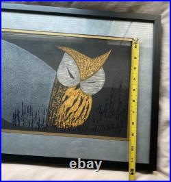 Kaoru Kawano MOONLIGHT NIGHT Owl Vintage MCM 1950s Woodblock Print Framed
