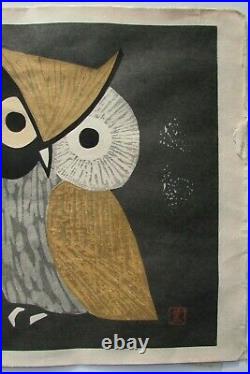 Kaoru Kawano owls Japanese woodblock print red seal three eyes