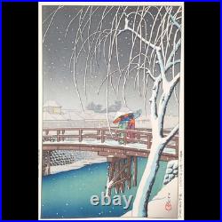 Kawase Hasui Snow falling at dusk on the Edogawa River Woodblock Print Shin