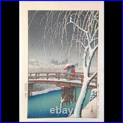 Kawase Hasui Snow falling at dusk on the Edogawa River Woodblock Print Shin