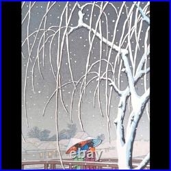 Kawase Hasui Snow falling at dusk on the Edogawa River Woodblock Print Shin