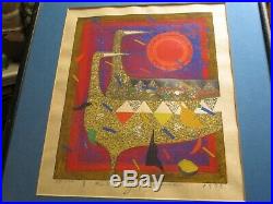 Kimura Japanese Woodblock Print Abstract Cubist Cubism Modernism Birds Signed