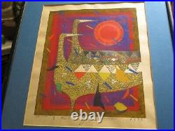 Kimura Japanese Woodblock Print Abstract Cubist Cubism Modernism Birds Signed