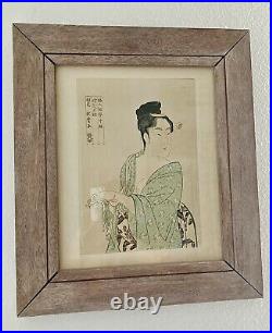 Kitagawa Utamaro Japanese Bijin Okubi-e Woodblock Print Wooden Crafted Frame