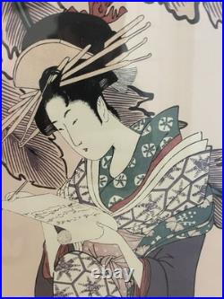 Kitagawa Utamaro Japanese Woodblock Reprint Woman Writing Framed 20x26 Vtg