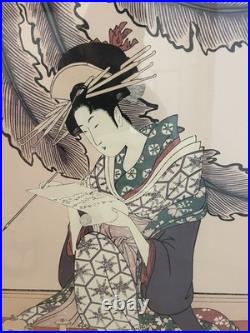 Kitagawa Utamaro Japanese Woodblock Reprint Woman Writing Framed 20x26 Vtg