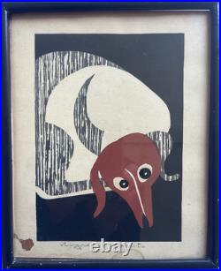 Kiyoshi Saito Signed Framed Dog Print Japanese Modern Portrait Small