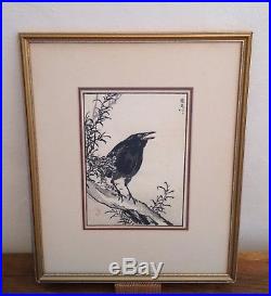 Kono Bairei Original 19th Century Japanese Woodblock Crow (Antique Bird Print)