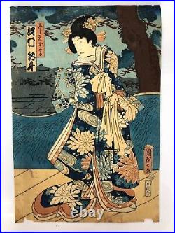 Kunisada Woodblock Print TriptychKabuki Actor Bando, Ichimura Ukiyo-e