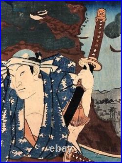 Kunisada Woodblock Print TriptychKabuki Actor Bando, Ichimura Ukiyo-e