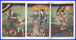 Kunisada Woodblock Print Triptych Moonlit Rain Satsuki Yatsuhashi ukiyo-e