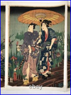 Kunisada Woodblock Print Triptych Moonlit Rain Satsuki Yatsuhashi ukiyo-e