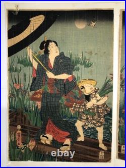 Kunisada Woodblock Print Triptych Moonlit Rain Satsuki Yatsuhashi ukiyo-e