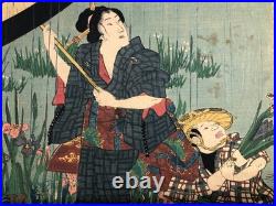 Kunisada Woodblock Print Triptych Moonlit Rain Satsuki Yatsuhashi ukiyo-e