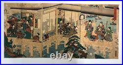 Kuniteru Woodblock Print Triptych Tale of Genji Cherry Blossom Viewing Ukiyo-e