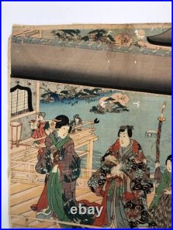 Kuniteru Woodblock Print Triptych Tale of Genji Cherry Blossom Viewing Ukiyo-e