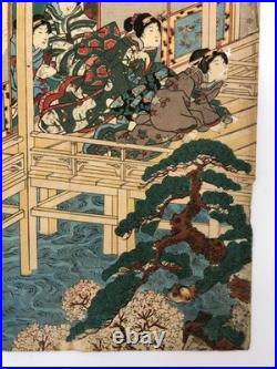 Kuniteru Woodblock Print Triptych Tale of Genji Cherry Blossom Viewing Ukiyo-e