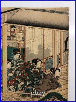Kuniteru Woodblock Print Triptych Tale of Genji Cherry Blossom Viewing Ukiyo-e
