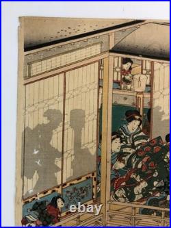 Kuniteru Woodblock Print Triptych Tale of Genji Cherry Blossom Viewing Ukiyo-e