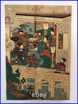 Kuniteru Woodblock Print Triptych Tale of Genji Cherry Blossom Viewing Ukiyo-e